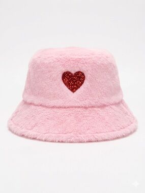 Pink Faux-Fur Bucket Hat with Red Sequin Heart
